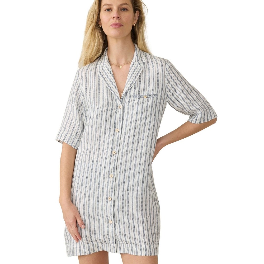 Faherty Women Shirt Dress Small Linen Blue White Striped Short Sleeve Resortwear